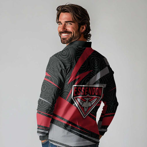 Essendon Bombers Australian Football Long Sleeve Polo Shirt Skeeta Mascot With Indigenous Pattern Art