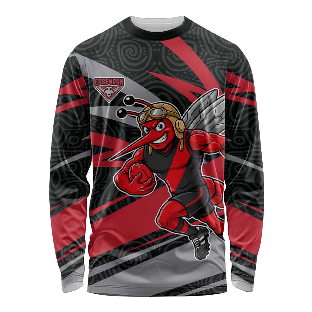 Essendon Bombers Australian Football Long Sleeve Shirt Skeeta Mascot With Indigenous Pattern Art