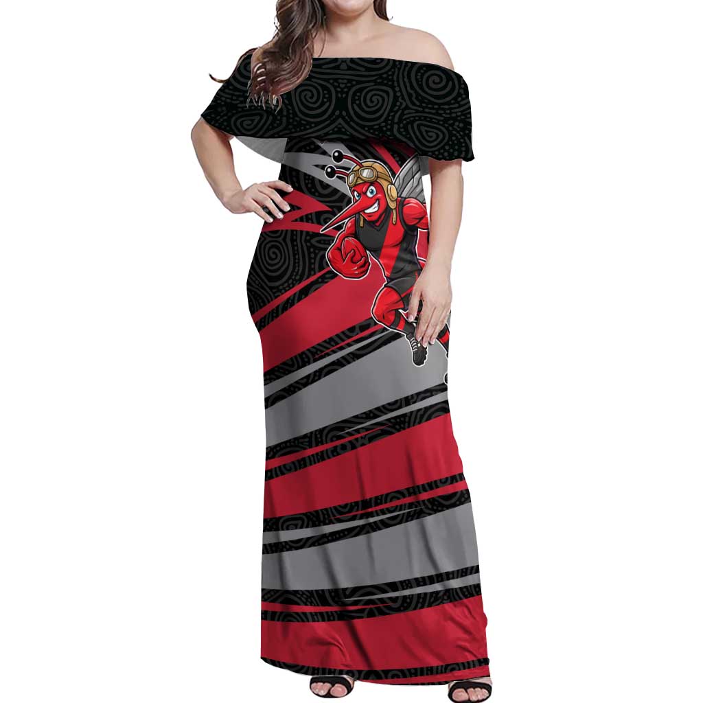 Essendon Bombers Australian Football Off Shoulder Maxi Dress Skeeta Mascot With Indigenous Pattern Art