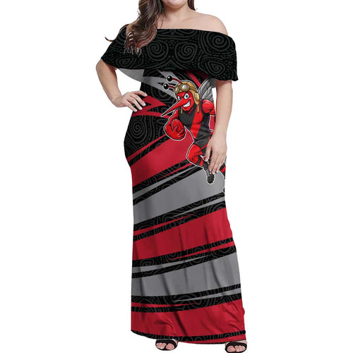 Essendon Bombers Australian Football Off Shoulder Maxi Dress Skeeta Mascot With Indigenous Pattern Art