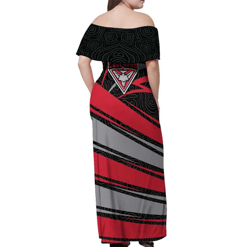 Essendon Bombers Australian Football Off Shoulder Maxi Dress Skeeta Mascot With Indigenous Pattern Art