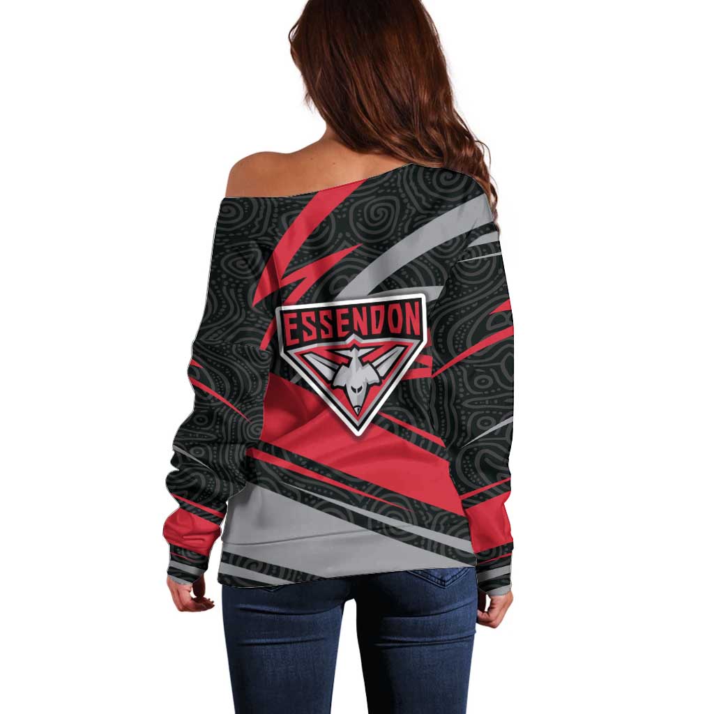 Essendon Bombers Australian Football Off Shoulder Sweater Skeeta Mascot With Indigenous Pattern Art