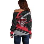 Essendon Bombers Australian Football Off Shoulder Sweater Skeeta Mascot With Indigenous Pattern Art