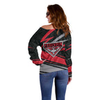 Essendon Bombers Australian Football Off Shoulder Sweater Skeeta Mascot With Indigenous Pattern Art