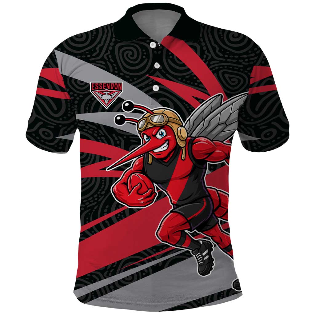 Essendon Bombers Australian Football Polo Shirt Skeeta Mascot With Indigenous Pattern Art