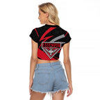 Essendon Bombers Australian Football Raglan Cropped T Shirt Skeeta Mascot With Indigenous Pattern Art