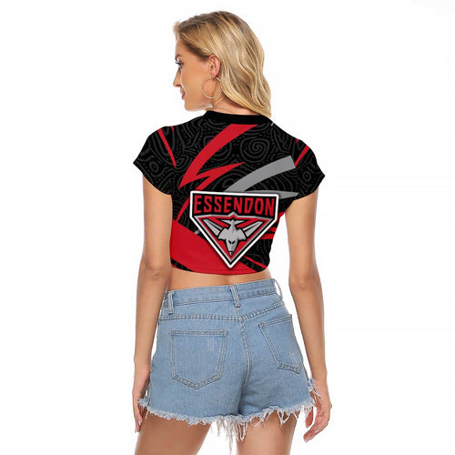 Essendon Bombers Australian Football Raglan Cropped T Shirt Skeeta Mascot With Indigenous Pattern Art