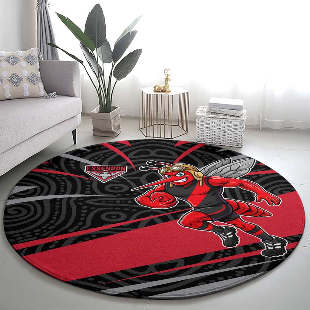Essendon Bombers Australian Football Round Carpet Skeeta Mascot With Indigenous Pattern Art