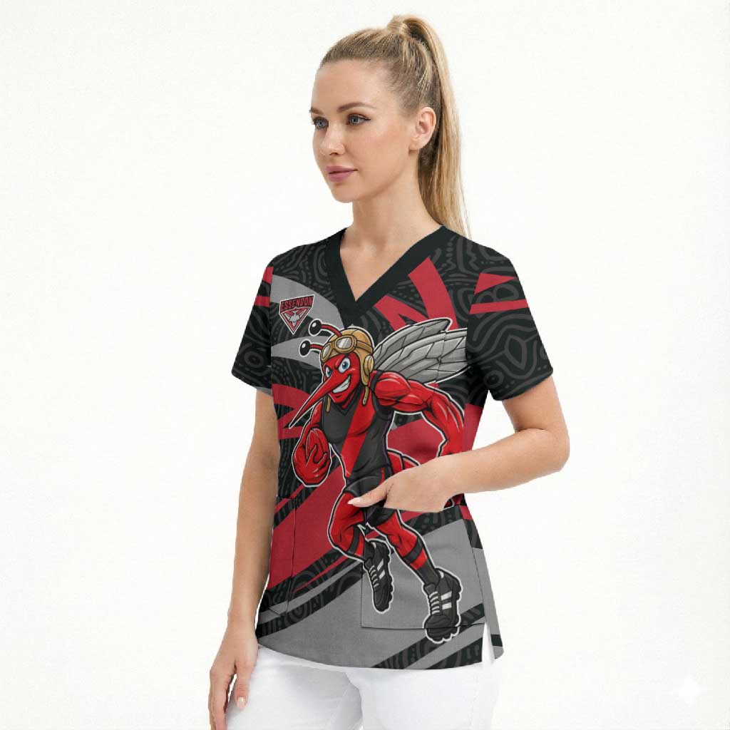 Essendon Bombers Australian Football Scrub Top Skeeta Mascot With Indigenous Pattern Art