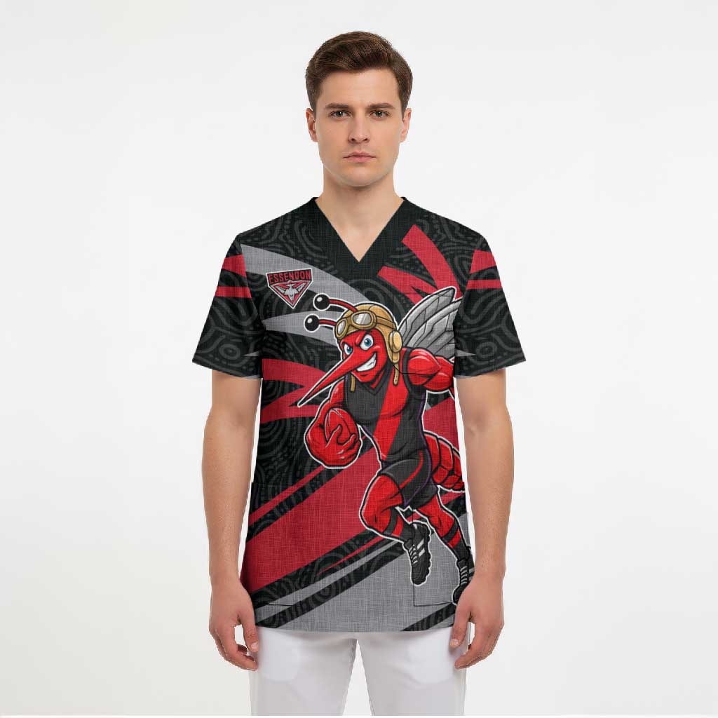 Essendon Bombers Australian Football Scrub Top Skeeta Mascot With Indigenous Pattern Art
