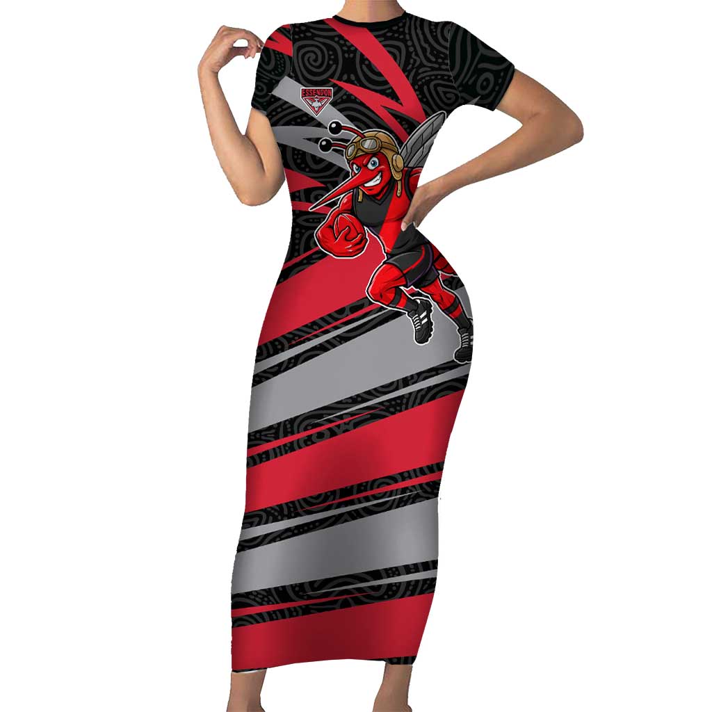 Essendon Bombers Australian Football Short Sleeve Bodycon Dress Skeeta Mascot With Indigenous Pattern Art