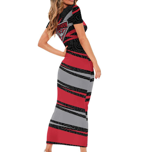 Essendon Bombers Australian Football Short Sleeve Bodycon Dress Skeeta Mascot With Indigenous Pattern Art