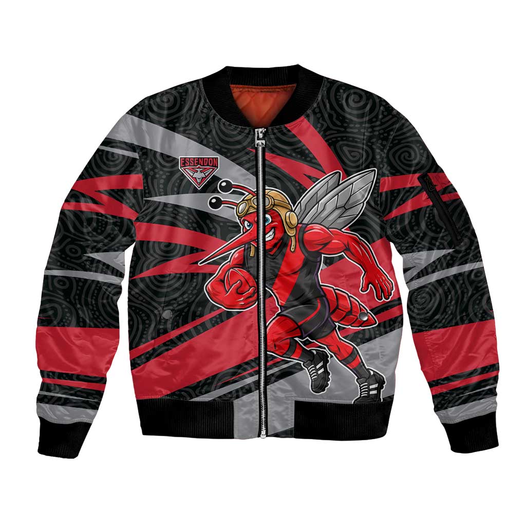 Essendon Bombers Australian Football Sleeve Zip Bomber Jacket Skeeta Mascot With Indigenous Pattern Art