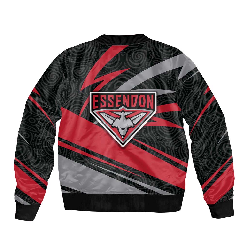 Essendon Bombers Australian Football Sleeve Zip Bomber Jacket Skeeta Mascot With Indigenous Pattern Art