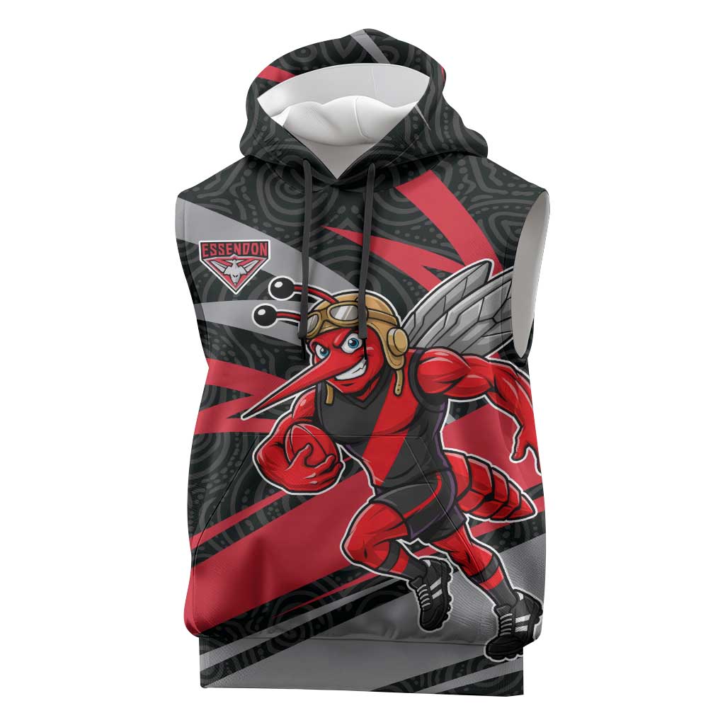 Essendon Bombers Australian Football Sleeveless Hoodie Skeeta Mascot With Indigenous Pattern Art