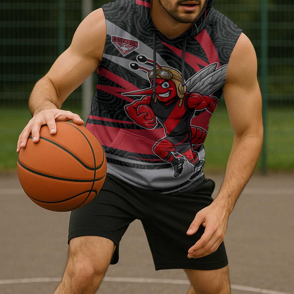 Essendon Bombers Australian Football Sleeveless Hoodie Skeeta Mascot With Indigenous Pattern Art