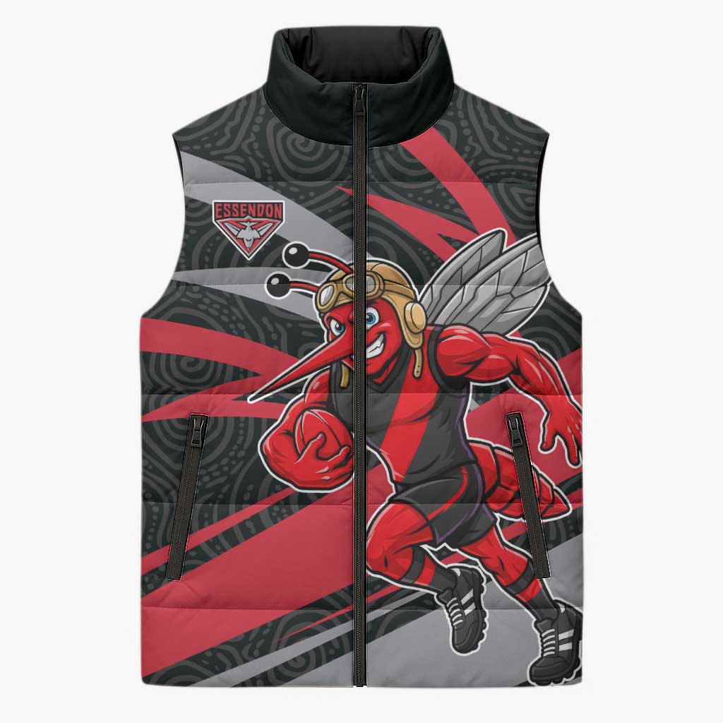 Essendon Bombers Australian Football Sleeveless Puffer Jacket Skeeta Mascot With Indigenous Pattern Art