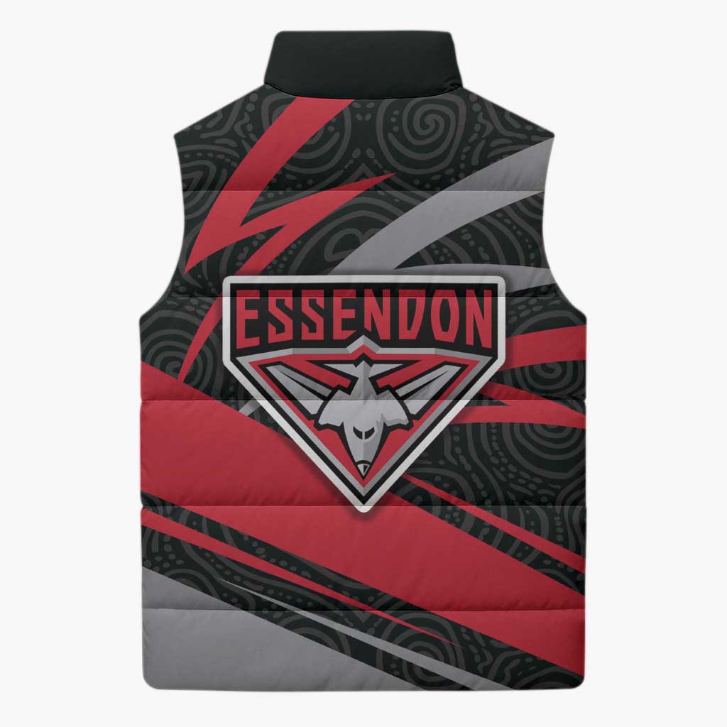 Essendon Bombers Australian Football Sleeveless Puffer Jacket Skeeta Mascot With Indigenous Pattern Art