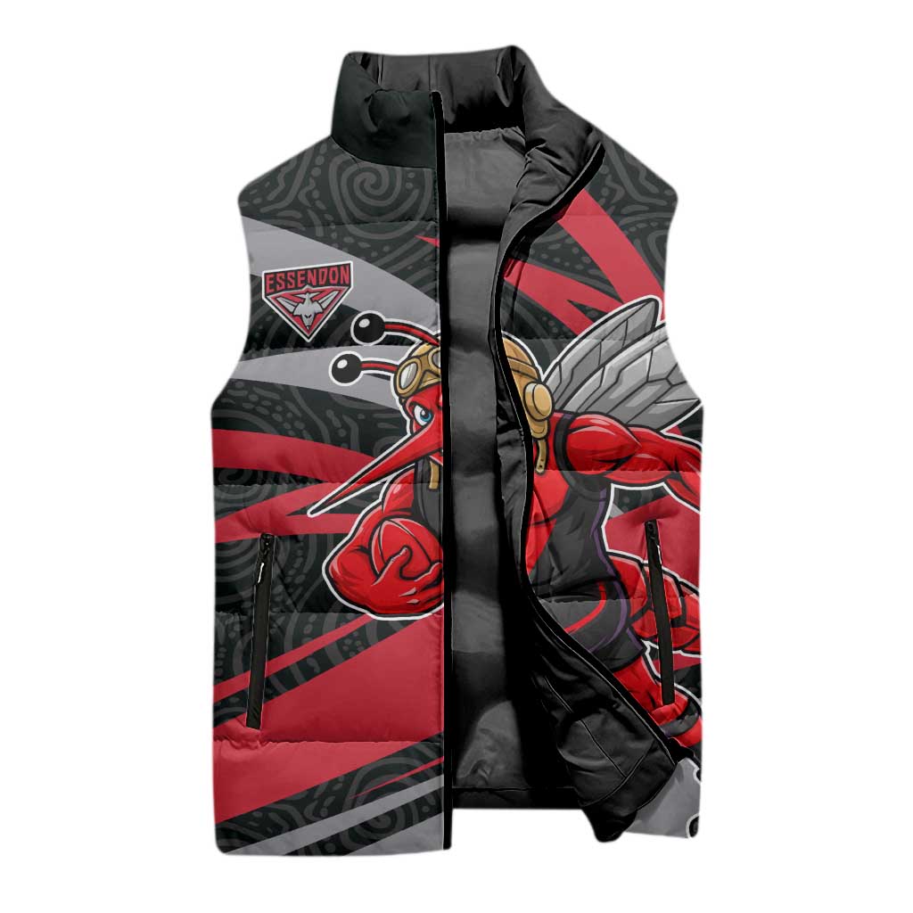 Essendon Bombers Australian Football Sleeveless Puffer Jacket Skeeta Mascot With Indigenous Pattern Art