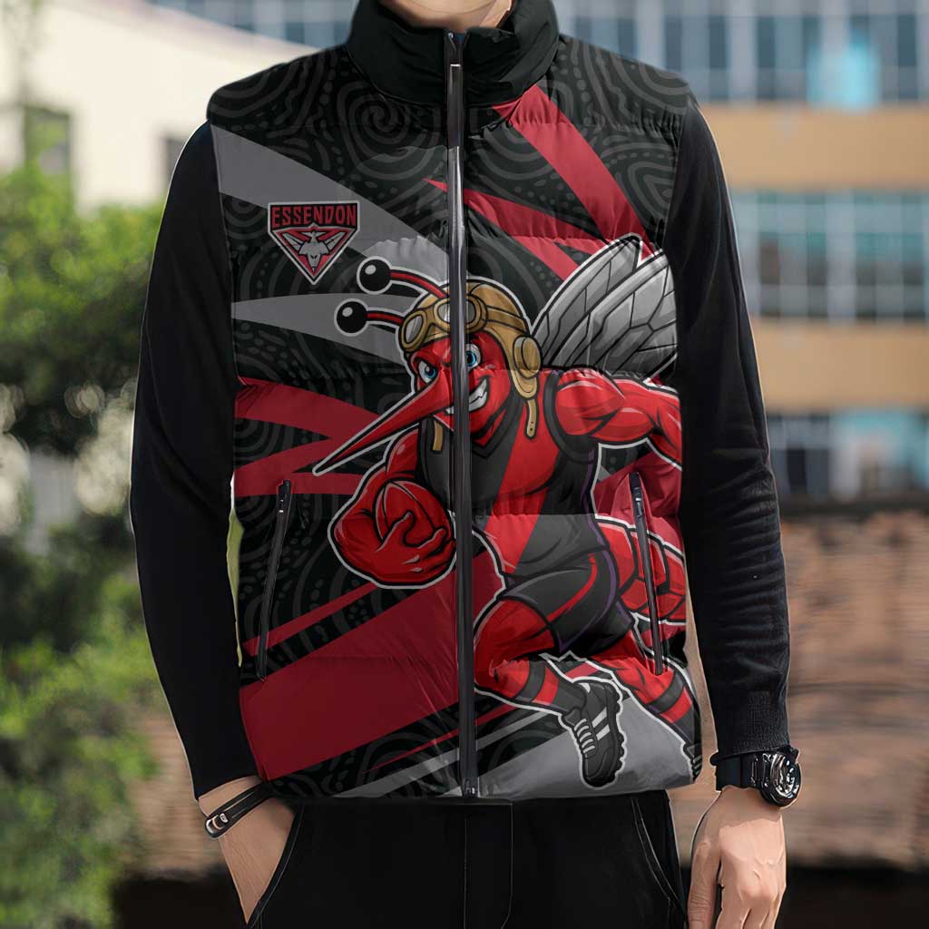 Essendon Bombers Australian Football Sleeveless Puffer Jacket Skeeta Mascot With Indigenous Pattern Art