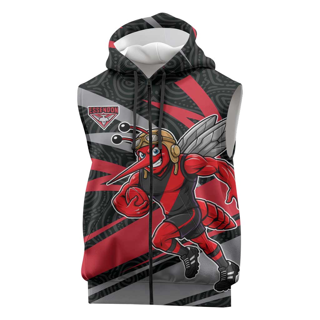 Essendon Bombers Australian Football Sleeveless Zip Hoodie Skeeta Mascot With Indigenous Pattern Art