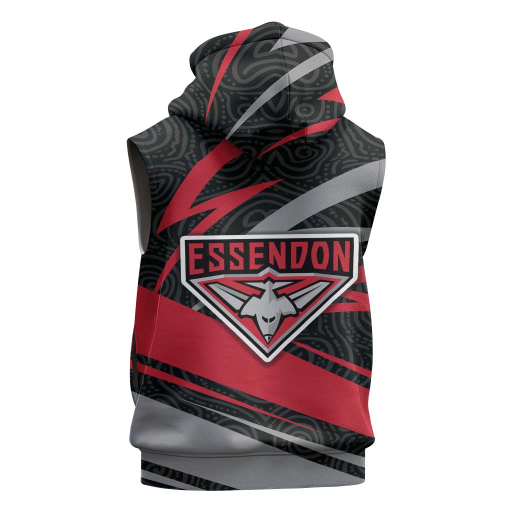 Essendon Bombers Australian Football Sleeveless Zip Hoodie Skeeta Mascot With Indigenous Pattern Art