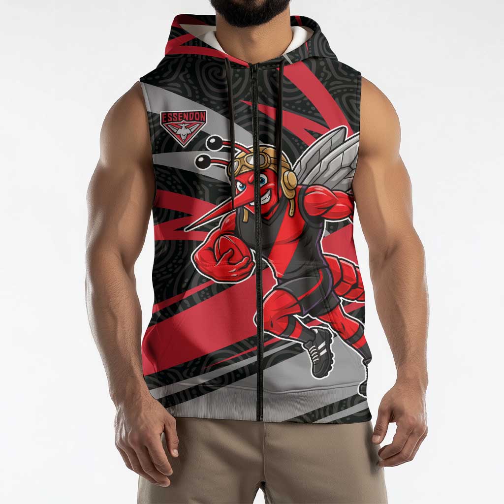 Essendon Bombers Australian Football Sleeveless Zip Hoodie Skeeta Mascot With Indigenous Pattern Art