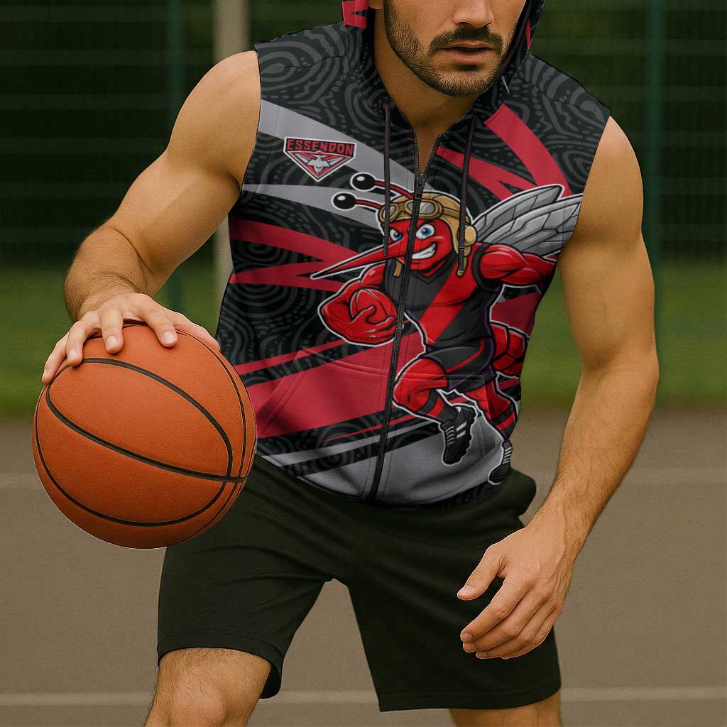 Essendon Bombers Australian Football Sleeveless Zip Hoodie Skeeta Mascot With Indigenous Pattern Art