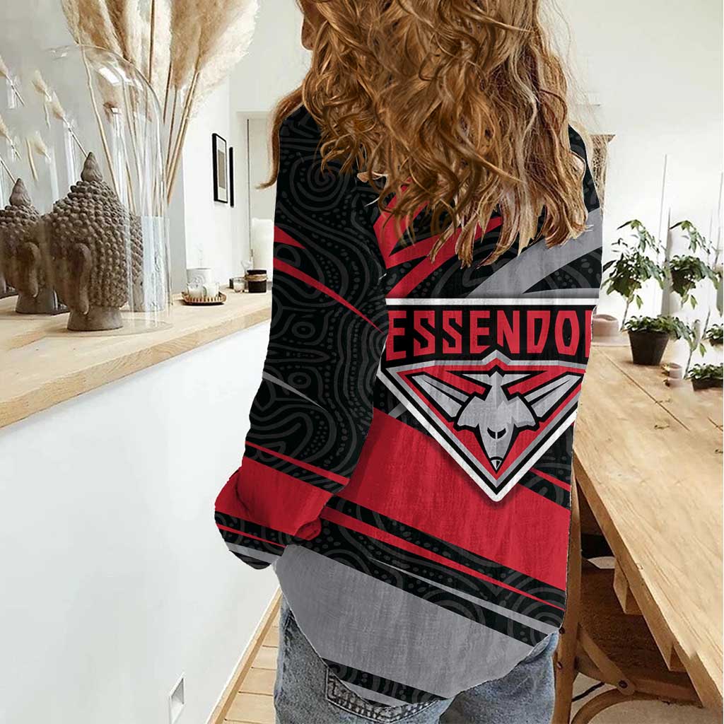 Essendon Bombers Australian Football Women Casual Shirt Skeeta Mascot With Indigenous Pattern Art