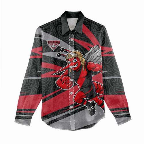 Essendon Bombers Australian Football Women Casual Shirt Skeeta Mascot With Indigenous Pattern Art