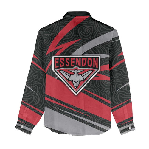 Essendon Bombers Australian Football Women Casual Shirt Skeeta Mascot With Indigenous Pattern Art