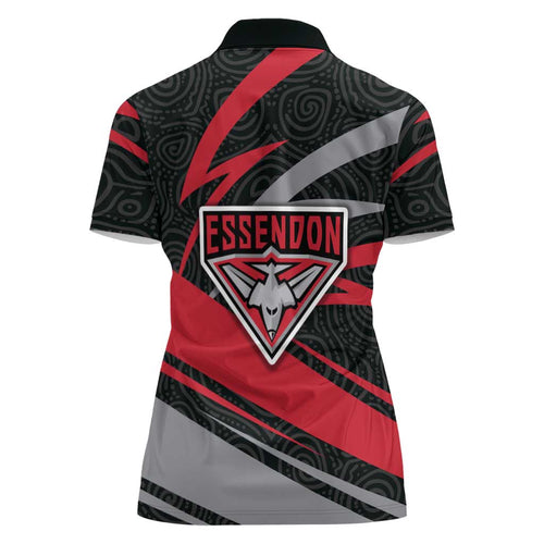 Essendon Bombers Australian Football Women Polo Shirt Skeeta Mascot With Indigenous Pattern Art