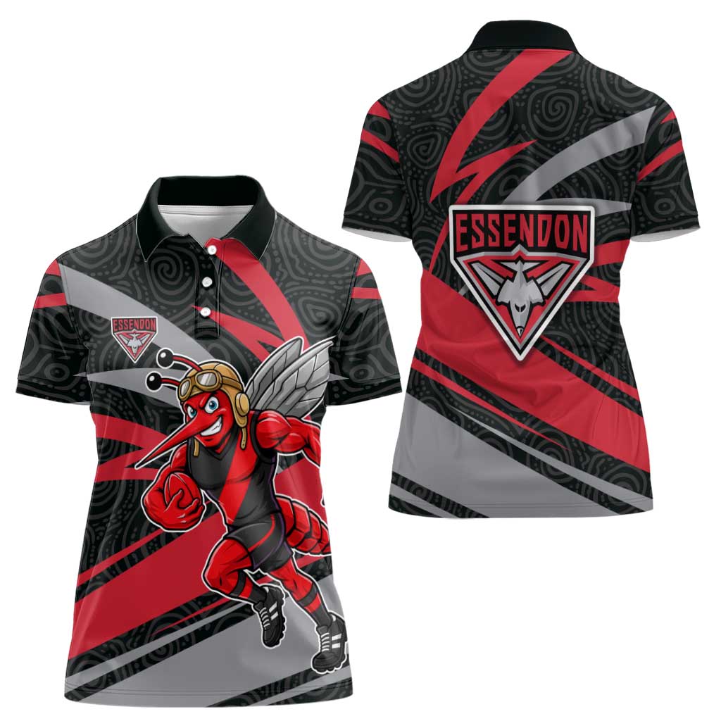 Essendon Bombers Australian Football Women Polo Shirt Skeeta Mascot With Indigenous Pattern Art