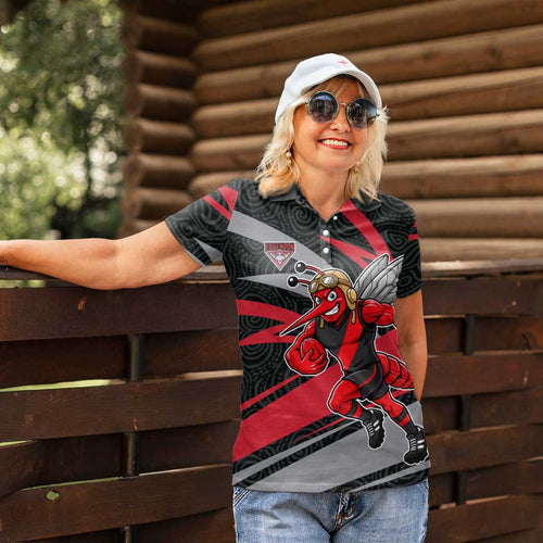 Essendon Bombers Australian Football Women Polo Shirt Skeeta Mascot With Indigenous Pattern Art