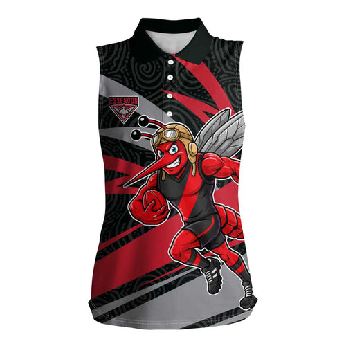 Essendon Bombers Australian Football Women Sleeveless Polo Shirt Skeeta Mascot With Indigenous Pattern Art