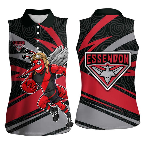 Essendon Bombers Australian Football Women Sleeveless Polo Shirt Skeeta Mascot With Indigenous Pattern Art