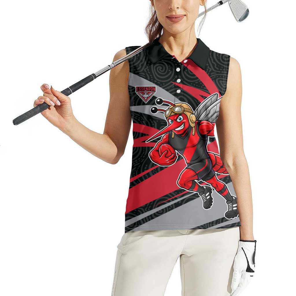 Essendon Bombers Australian Football Women Sleeveless Polo Shirt Skeeta Mascot With Indigenous Pattern Art