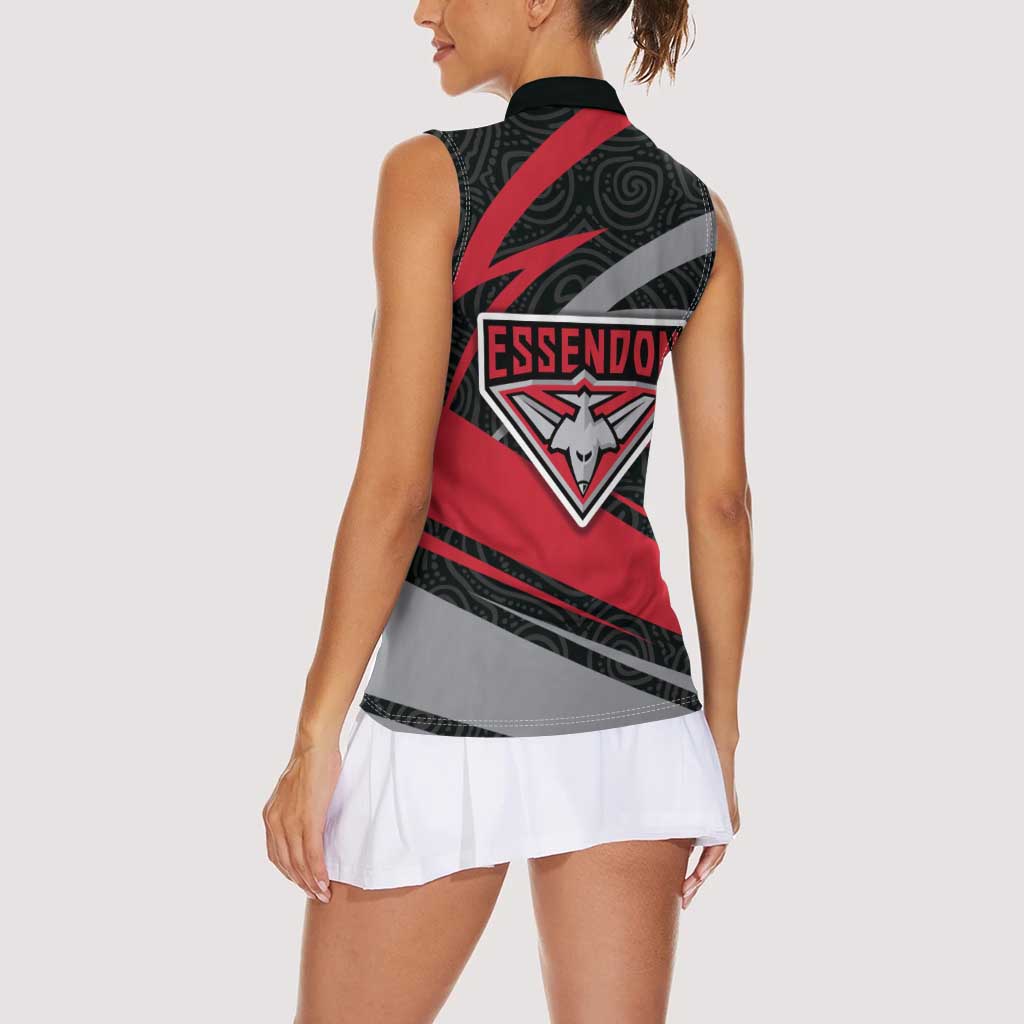 Essendon Bombers Australian Football Women Sleeveless Polo Shirt Skeeta Mascot With Indigenous Pattern Art