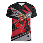 Essendon Bombers Australian Football Women V-Neck T-Shirt Skeeta Mascot With Indigenous Pattern Art