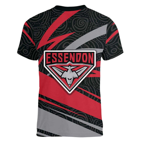 Essendon Bombers Australian Football Women V-Neck T-Shirt Skeeta Mascot With Indigenous Pattern Art