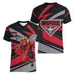 Essendon Bombers Australian Football Women V-Neck T-Shirt Skeeta Mascot With Indigenous Pattern Art