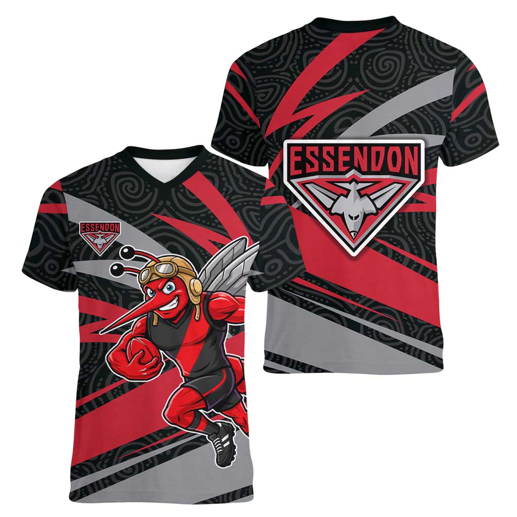 Essendon Bombers Australian Football Women V-Neck T-Shirt Skeeta Mascot With Indigenous Pattern Art