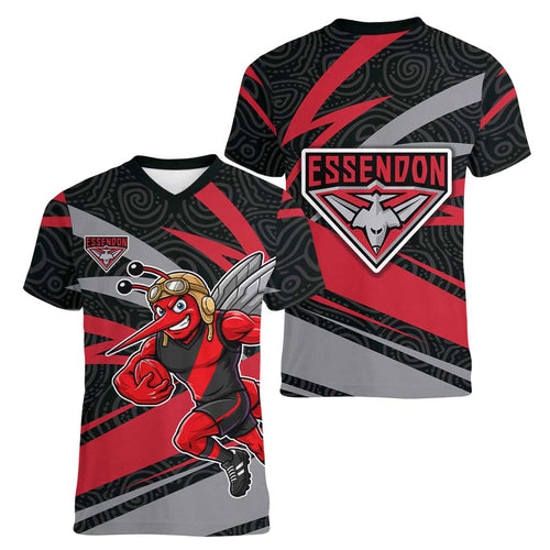 Essendon Bombers Australian Football Women V-Neck T-Shirt Skeeta Mascot With Indigenous Pattern Art