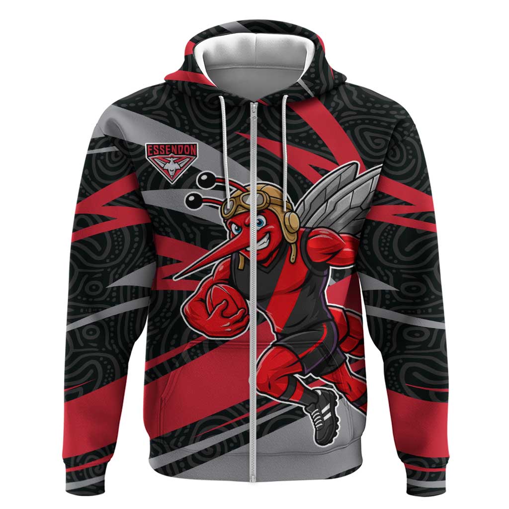Essendon Bombers Australian Football Zip Hoodie Skeeta Mascot With Indigenous Pattern Art