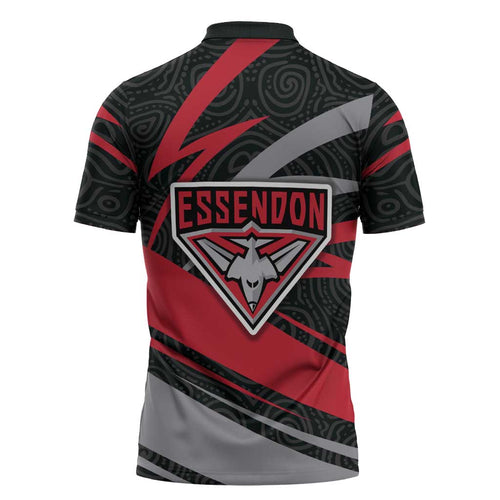 Essendon Bombers Australian Football Zipper Polo Shirt Skeeta Mascot With Indigenous Pattern Art