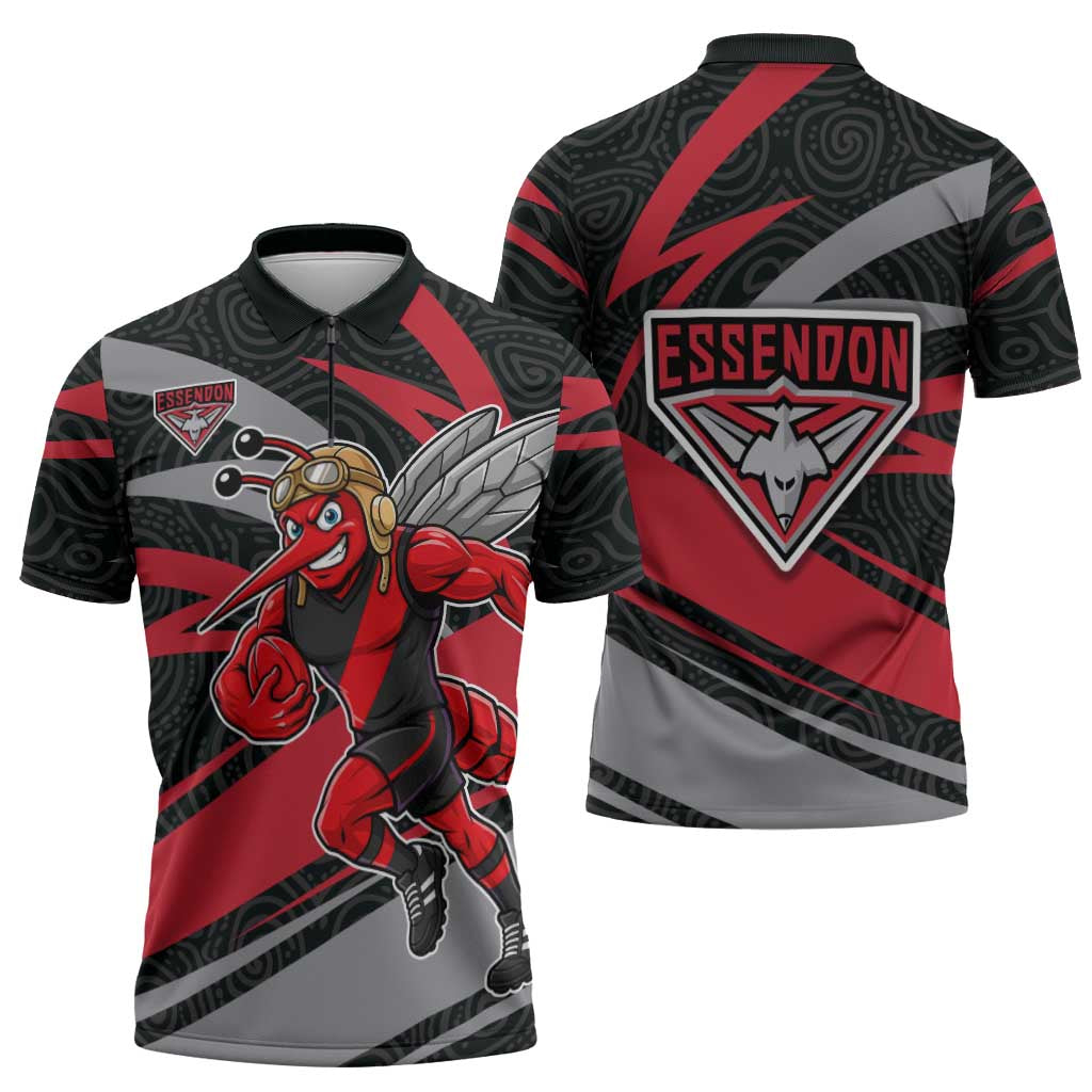 Essendon Bombers Australian Football Zipper Polo Shirt Skeeta Mascot With Indigenous Pattern Art