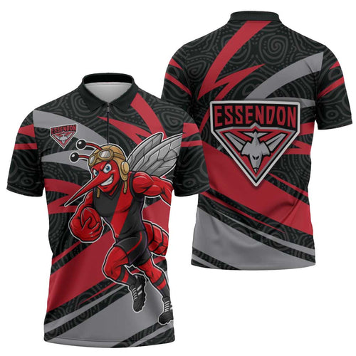 Essendon Bombers Australian Football Zipper Polo Shirt Skeeta Mascot With Indigenous Pattern Art