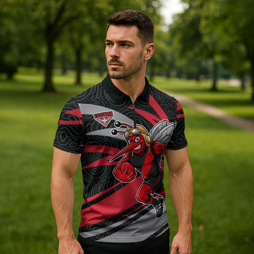 Essendon Bombers Australian Football Zipper Polo Shirt Skeeta Mascot With Indigenous Pattern Art