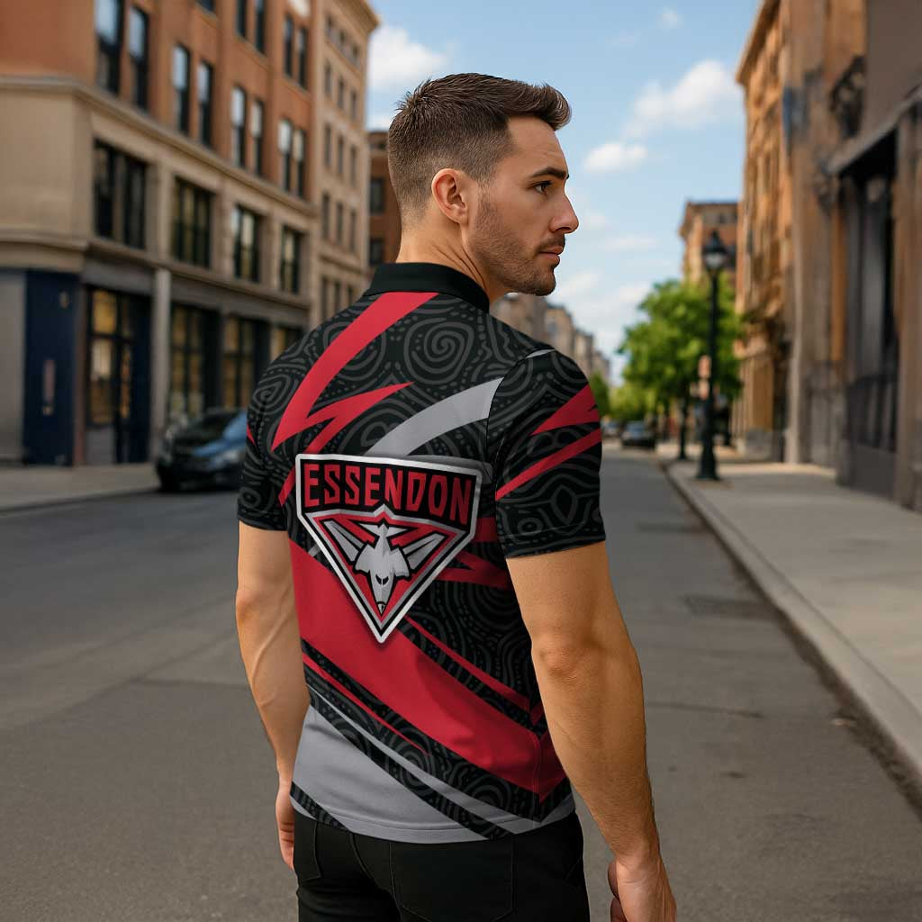 Essendon Bombers Australian Football Zipper Polo Shirt Skeeta Mascot With Indigenous Pattern Art