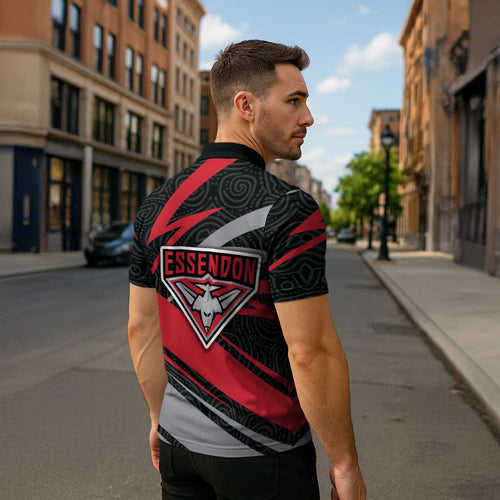 Essendon Bombers Australian Football Zipper Polo Shirt Skeeta Mascot With Indigenous Pattern Art